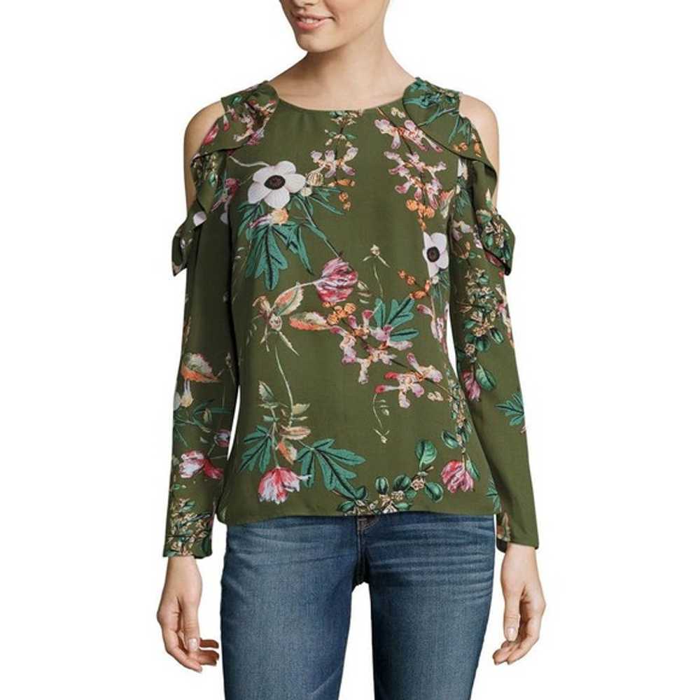 belle sky - Belle + Sky Cold Shoulder Green Flora… - image 1