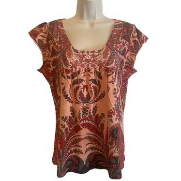 One World Boho Orange Floral Lace Detail Tshirt La