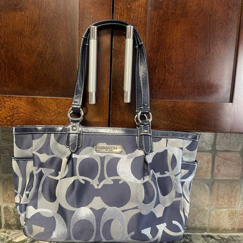 COACH Signature Metallic Tote F19664 Navy Silver … - image 1