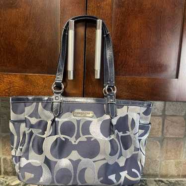 COACH Signature Metallic Tote F19664 Navy Silver … - image 1