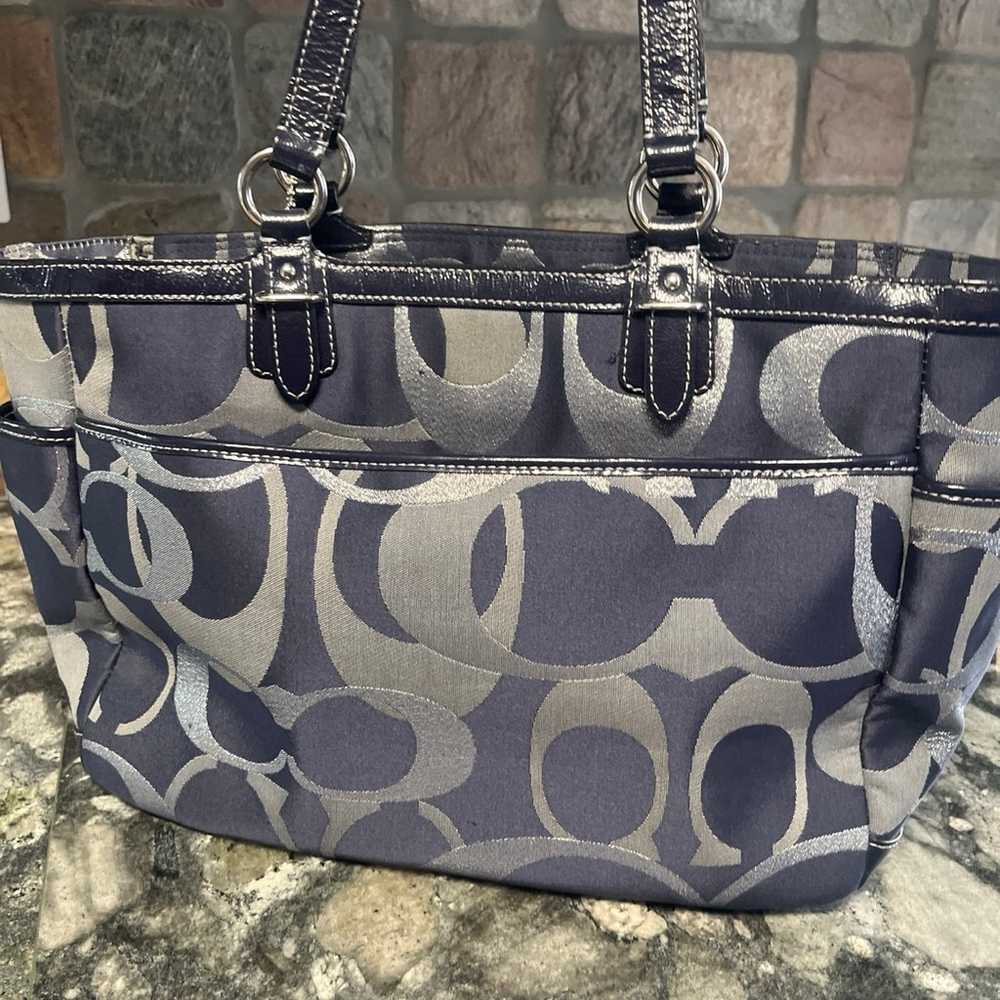 COACH Signature Metallic Tote F19664 Navy Silver … - image 2