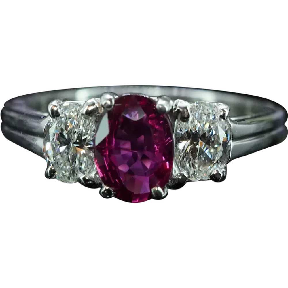 Oscar Heyman Ruby Oval Diamond 3 stone Ring Plati… - image 1