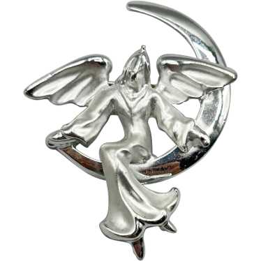 Silver Angel On Crescent Moon Brooch Pin Signed G… - image 1