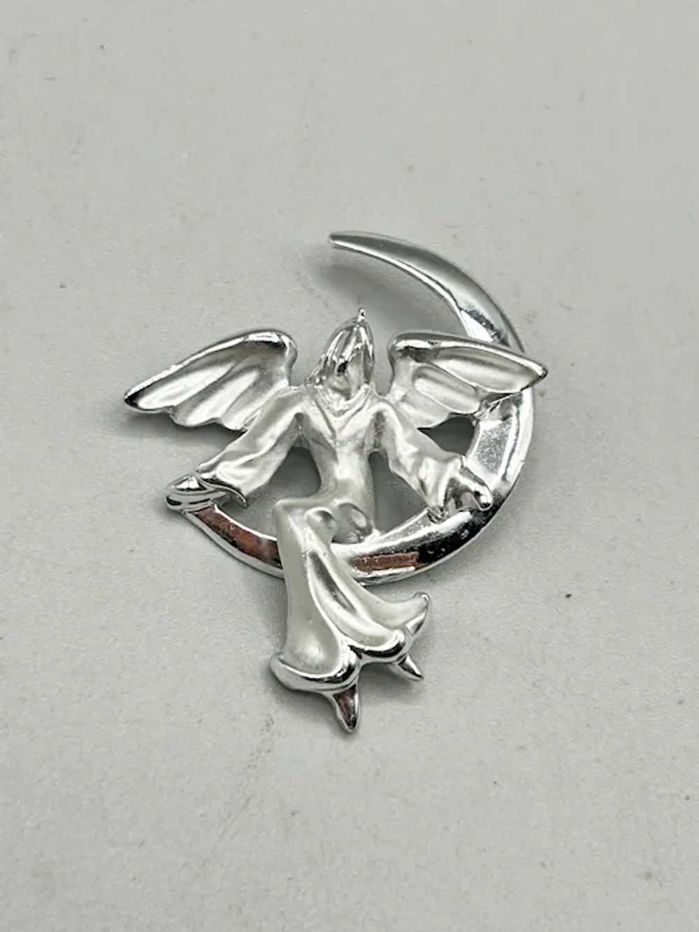 Silver Angel On Crescent Moon Brooch Pin Signed G… - image 2