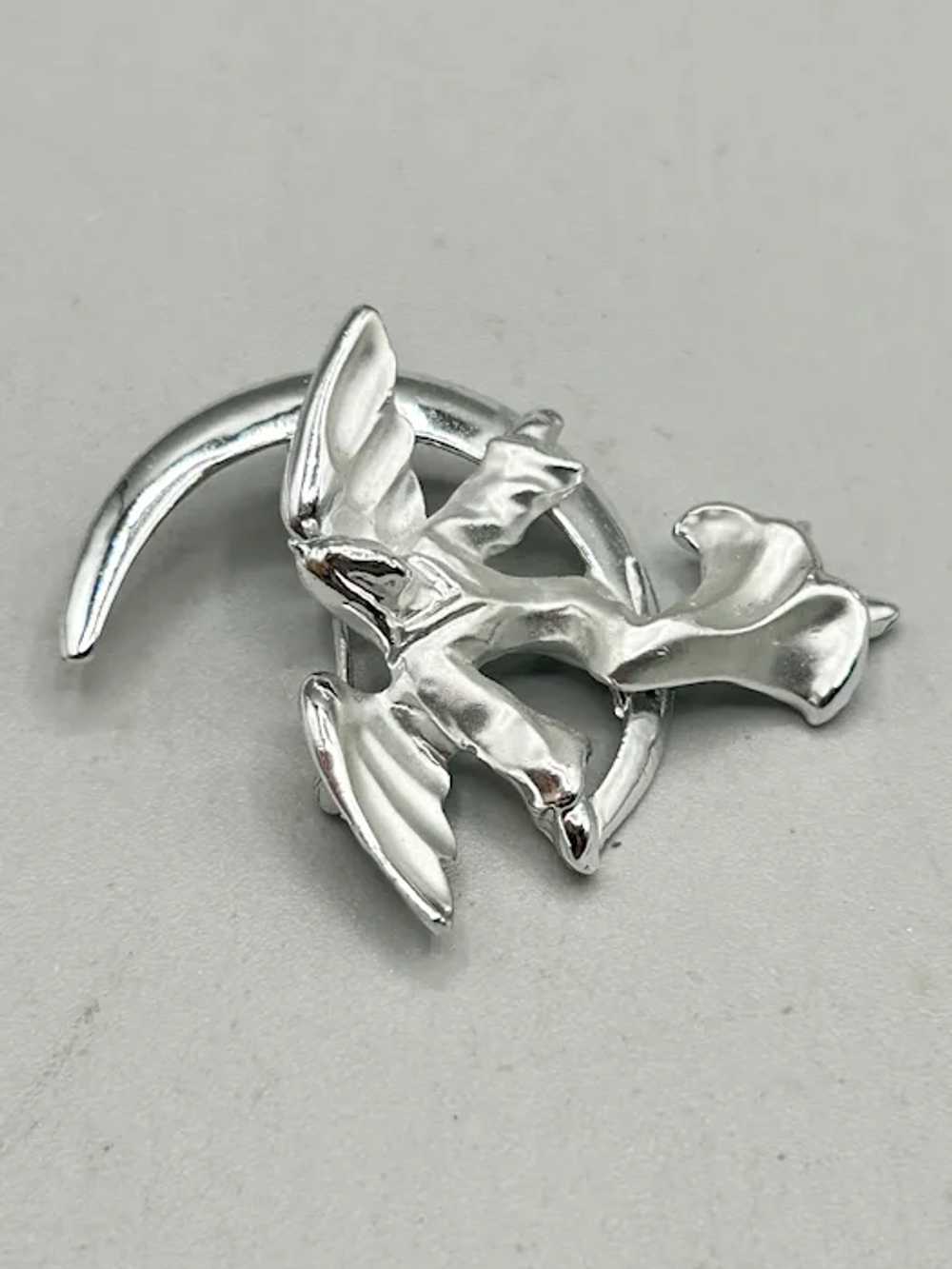 Silver Angel On Crescent Moon Brooch Pin Signed G… - image 3