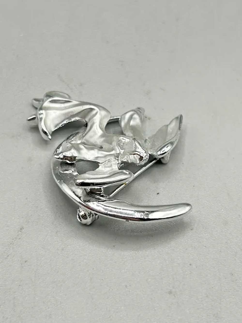 Silver Angel On Crescent Moon Brooch Pin Signed G… - image 4