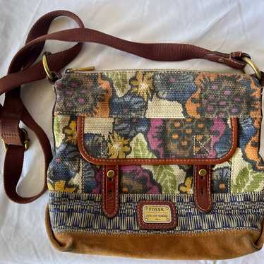 FOSSIL Vtg Boho Floral Canvas Suede Leather Crossb