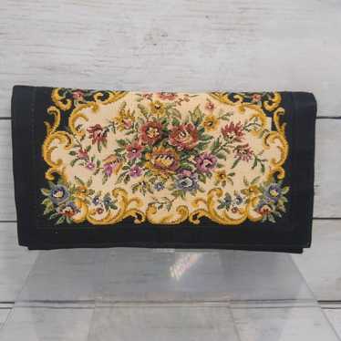 Vtg Med Black Fabric Floral Panel Tapestry Evening