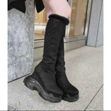 Rady - Black Suede Long Boots with Fur Trim