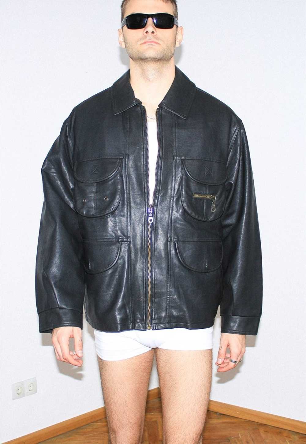 Vintage 00s utility leather jacket in black - image 1