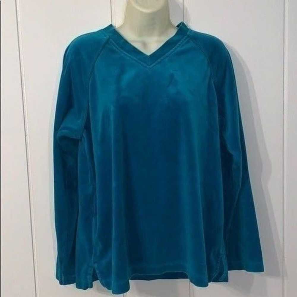 Vtg 80s Catalina turquoise velour long sleeved top - image 1