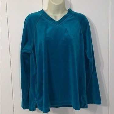 Vtg 80s Catalina turquoise velour long sleeved top - image 1