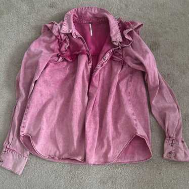 Free People Pink Ruffle Button Up Shirt SIZE LARGE - image 1