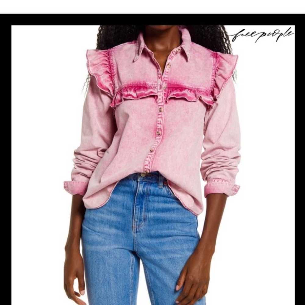 Free People Pink Ruffle Button Up Shirt SIZE LARGE - image 3