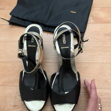 Fendi black/gold T strap wedge sandal heels-41 - image 1