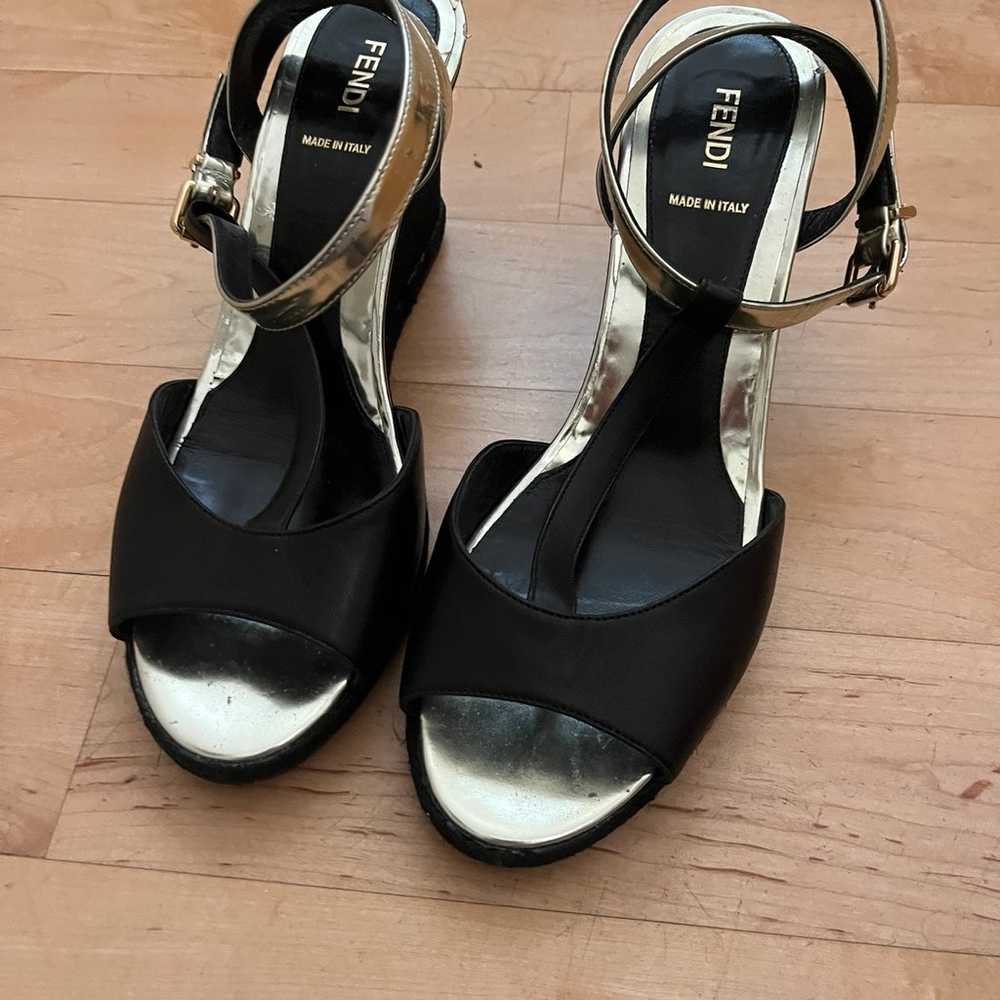 Fendi black/gold T strap wedge sandal heels-41 - image 2