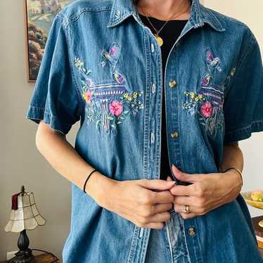 Vintage Bobbie Brooks denim button up shirt with … - image 1