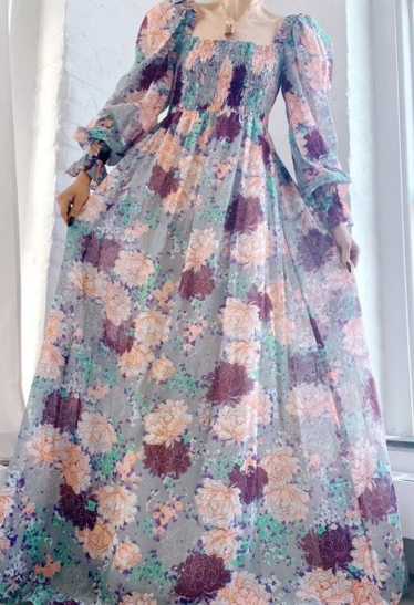 70s voile cotton flora smocked dress - image 1