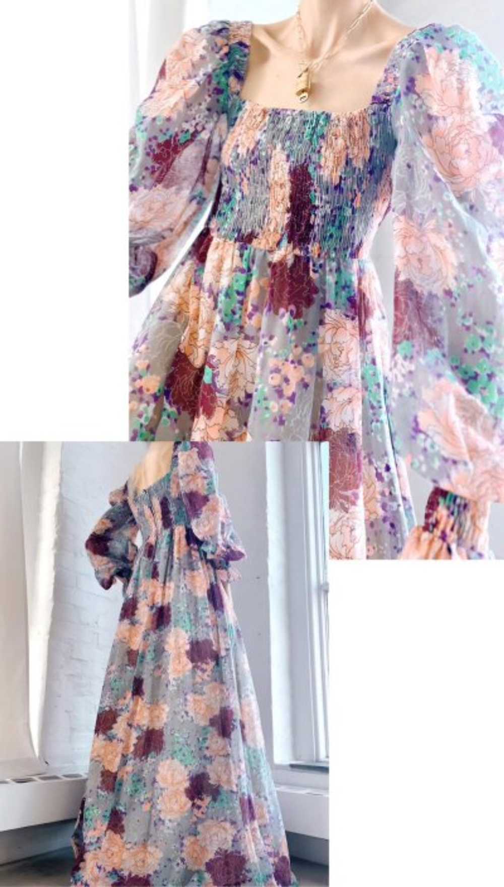 70s voile cotton flora smocked dress - image 2