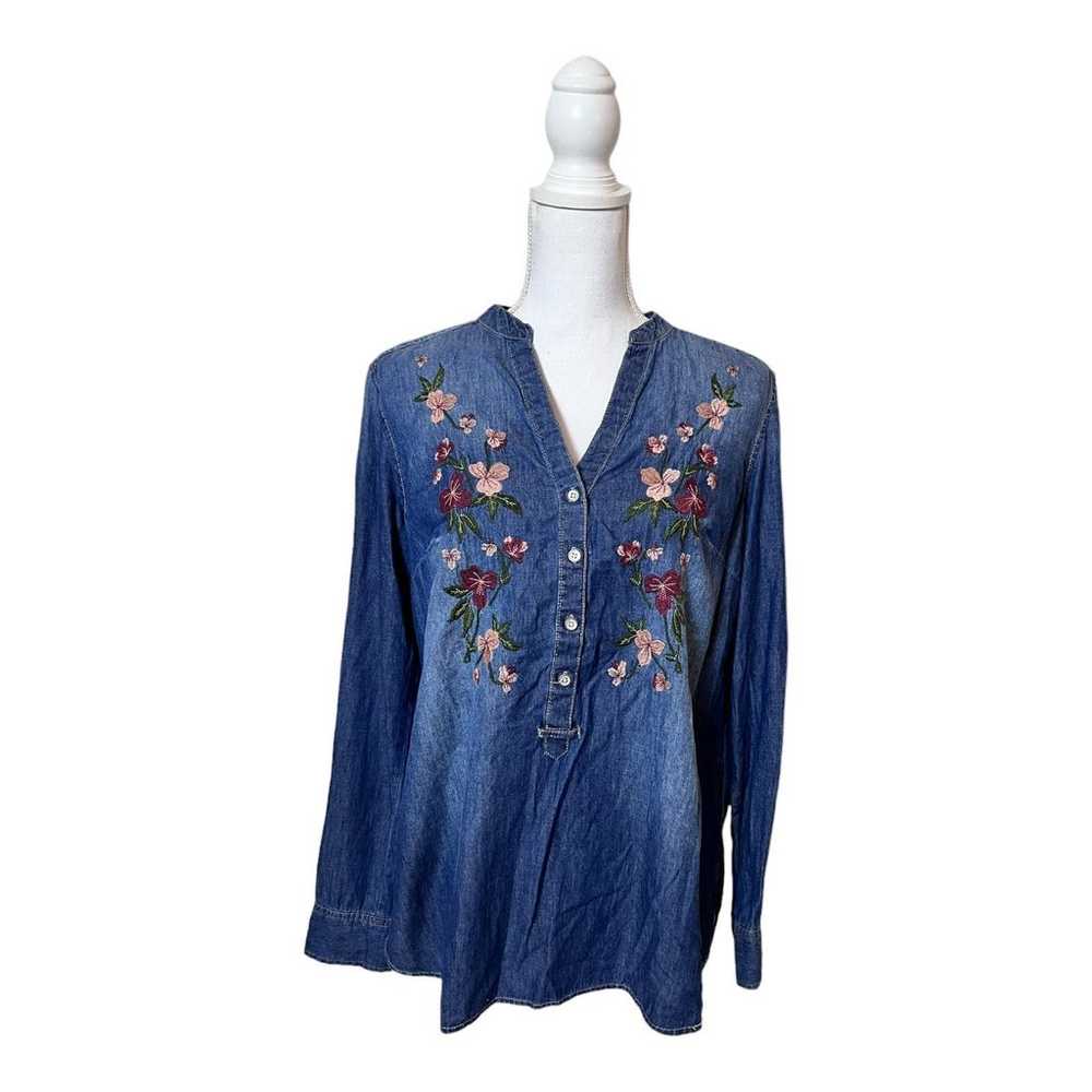 Vintage America Blues Floral Embroidered Denim Bu… - image 1