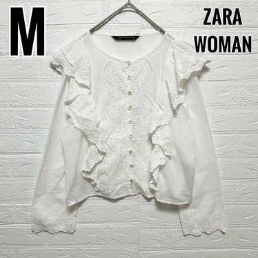 ZARA WOMAN Shirt Blouse White Lace Frill Long Slee