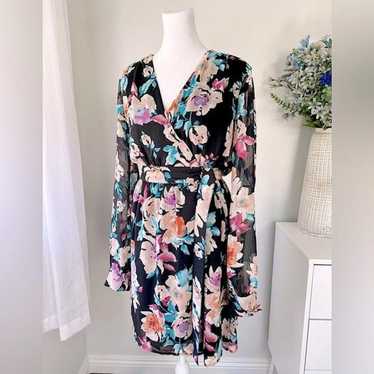 Leyden Black Floral Long-Sleeve Wrap Dress