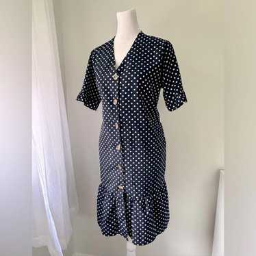 Navy Blue & White Polka Dot Short Sleeve Knee Leng