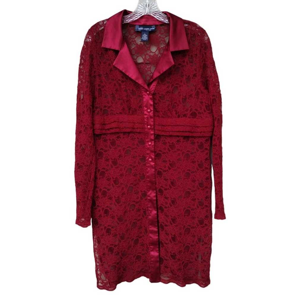 Susan Graver Style Deep Red Lace Sheer Shirt, Dre… - image 1