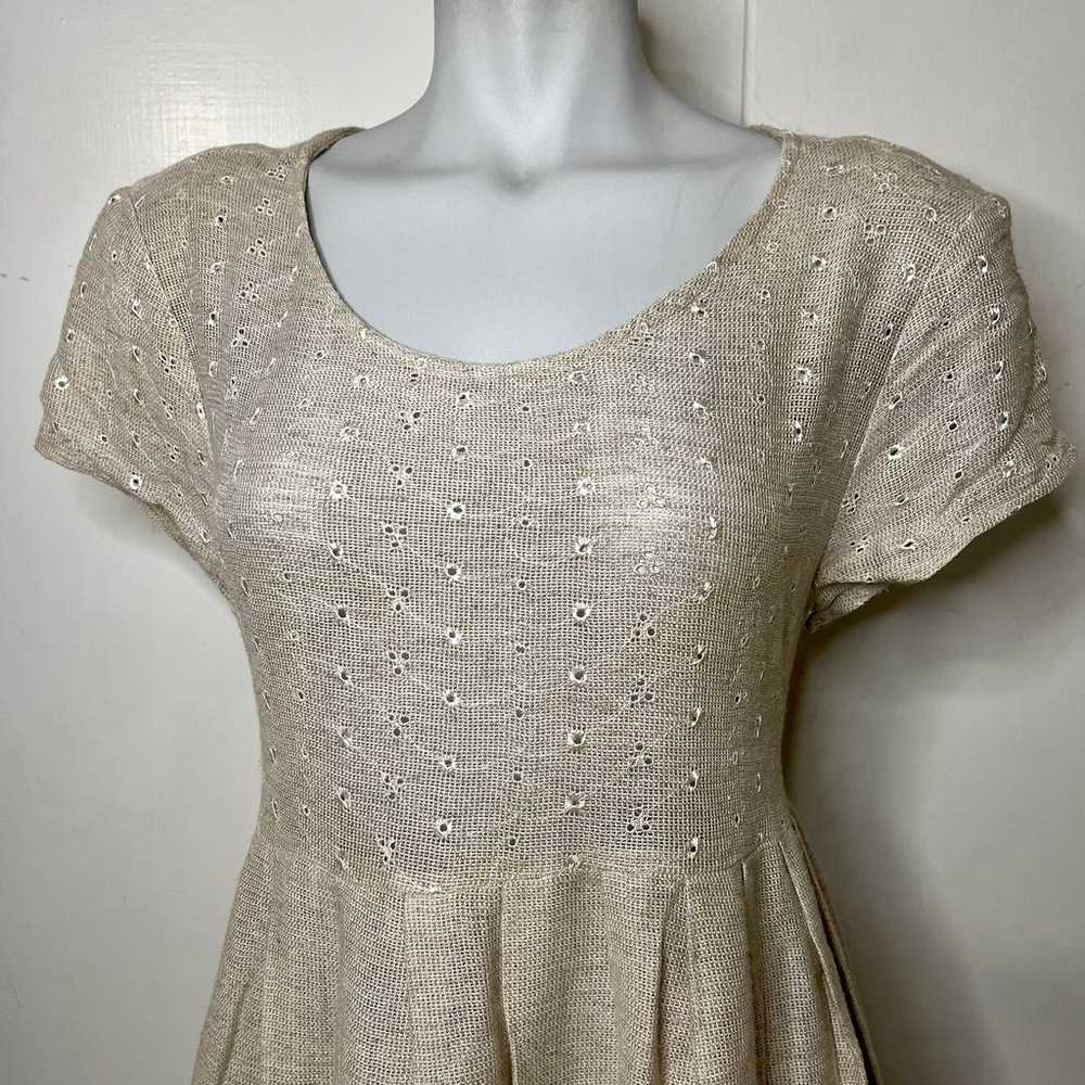 Vintage 80s/90s Beige Eyelet Rayon Flax Pleated W… - image 2