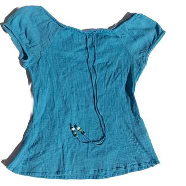 y2k off the shoulder blouse blue w/ beads ties si… - image 1