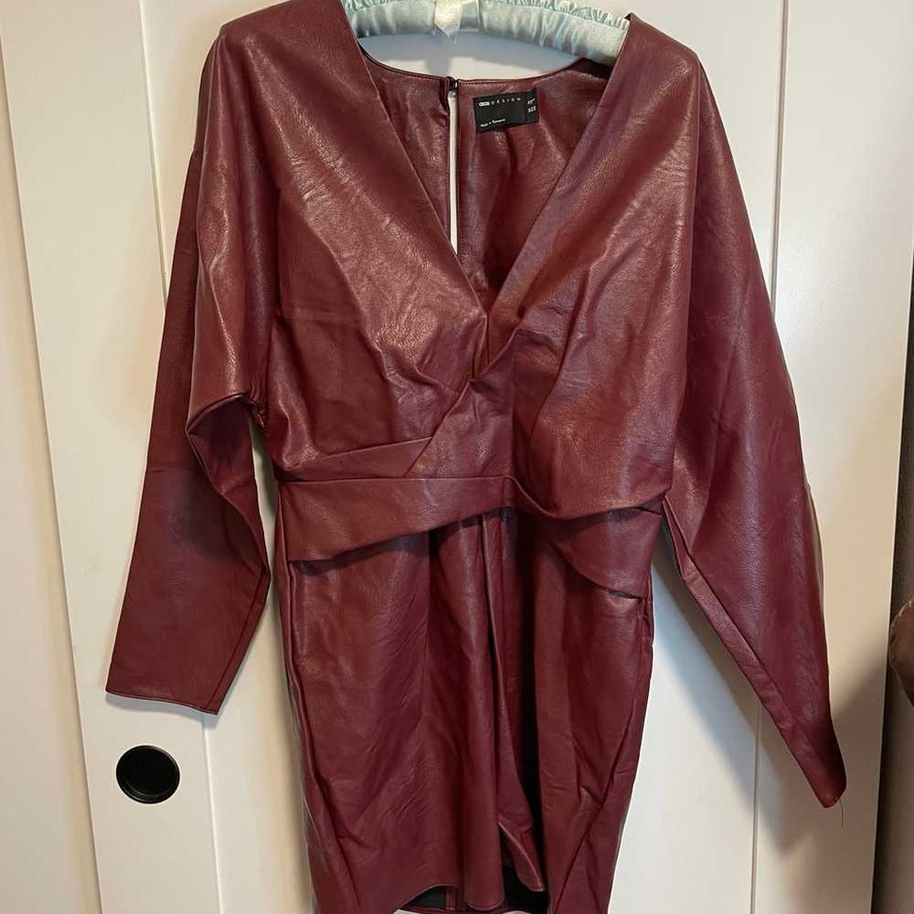 burgundy asos design faux leather bat wing dress - image 2