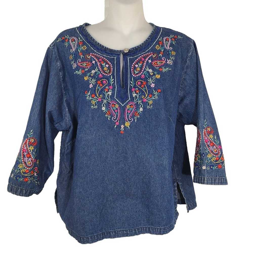 Vintage Two Twenty Top Women's M Denim Paisley Fl… - image 1