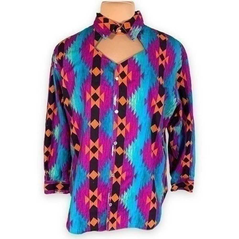 Handmade Shirt Bright Multicolored Nlue Aztec Sou… - image 11