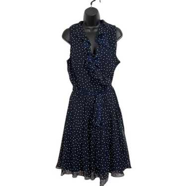 Chaps A-Line Navy & White Polka Dot Ruffle Dress S