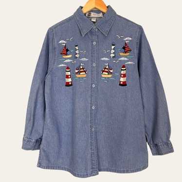 Vintage Denim Shirt Lighthouse Embroidery Top Wom… - image 1