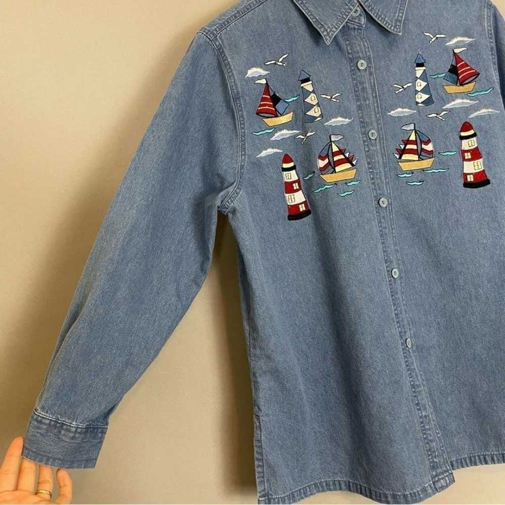 Vintage Denim Shirt Lighthouse Embroidery Top Wom… - image 3