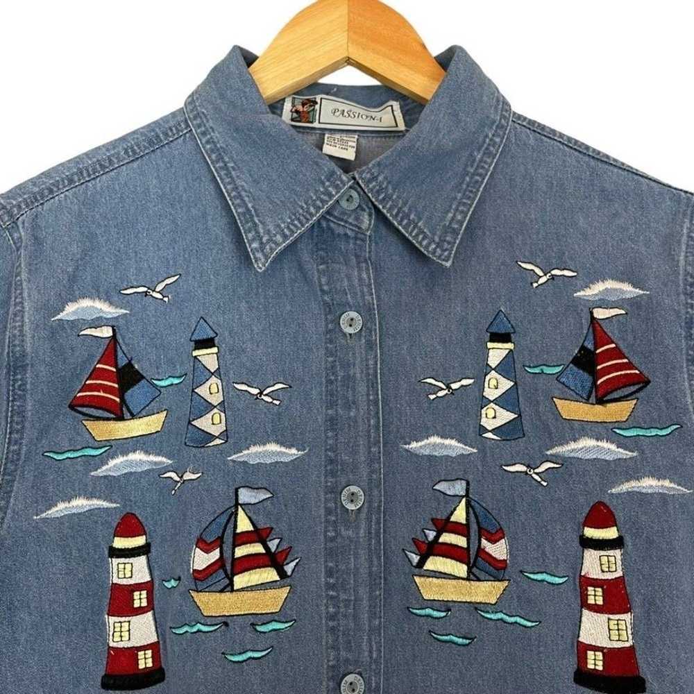 Vintage Denim Shirt Lighthouse Embroidery Top Wom… - image 8