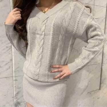 Light Gray Cable Knit V-Neck Sweater Dress Size M - image 1