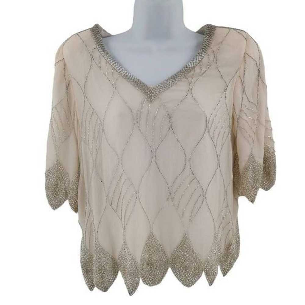 Vintage Cream Silk Top Hand Embellished in Silver… - image 1