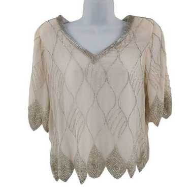 Vintage Cream Silk Top Hand Embellished in Silver… - image 1