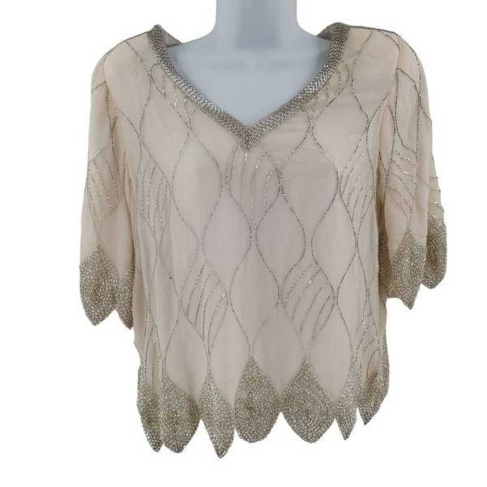 Vintage Cream Silk Top Hand Embellished in Silver… - image 2