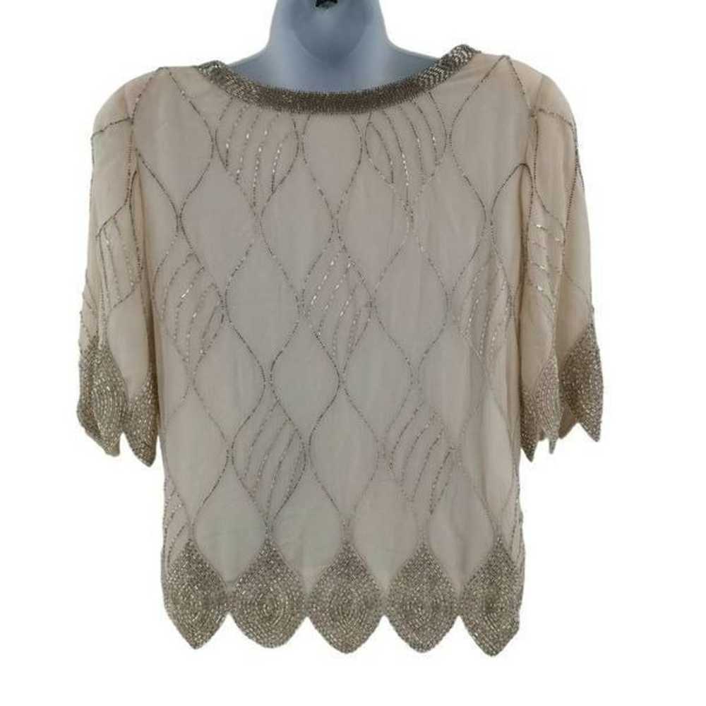 Vintage Cream Silk Top Hand Embellished in Silver… - image 3