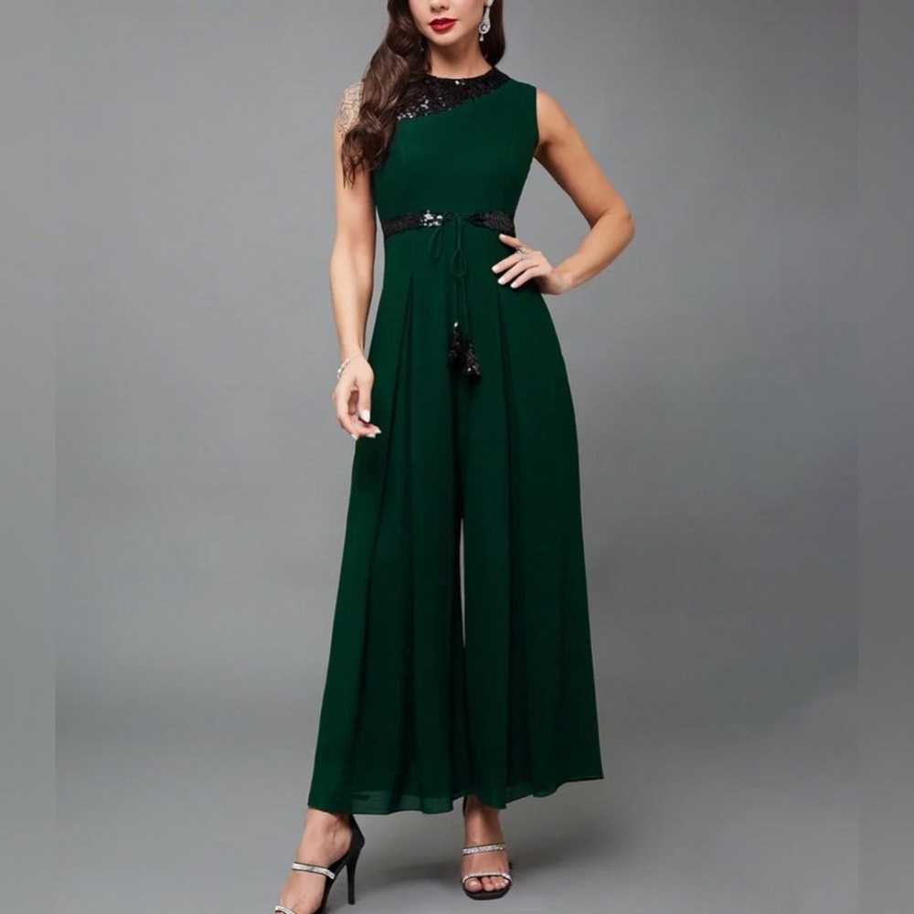 Green and black sequin detail chiffon jumpsuit wi… - image 2