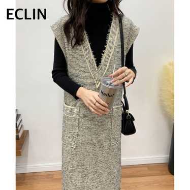 ECLIN Deep V-Neck Tweed Jumper Skirt - image 1