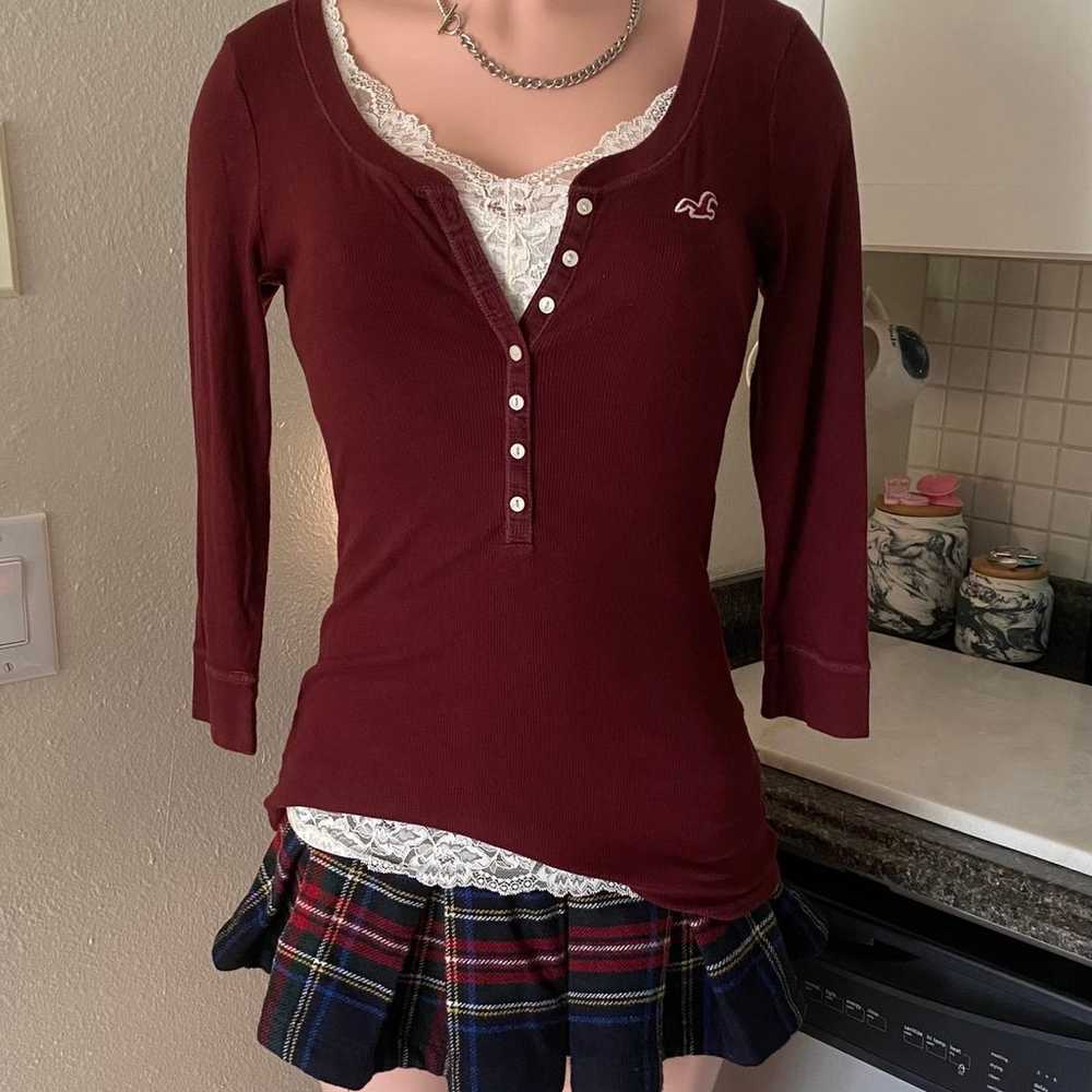 Y2k Hollister burgundy button up 3/4 sleeve Henle… - image 1