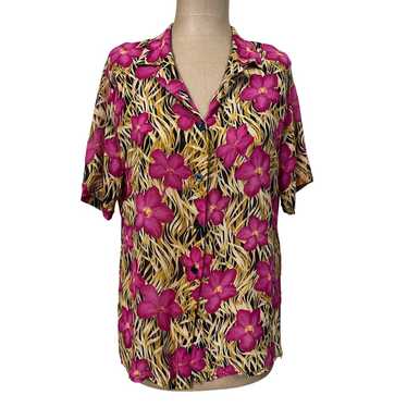 Escada Vintage Pink Tropical Floral Silk Short Sle