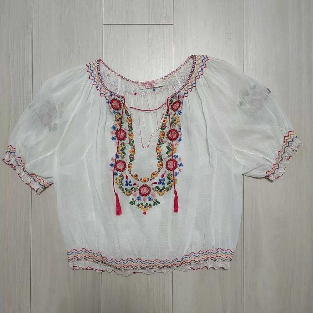 Vintage Hungarian Embroidered Blouse Short Sleeve… - image 1