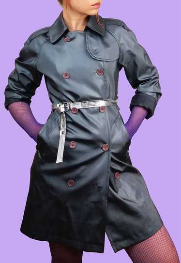 Vintage Y2K Shiny Trench Coat in Liquid Grey