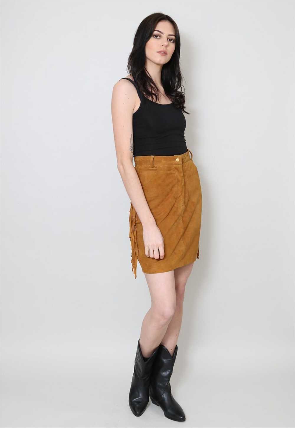 80's Vintage Ladies Skirt Soft Brown Suede Tassel… - image 3