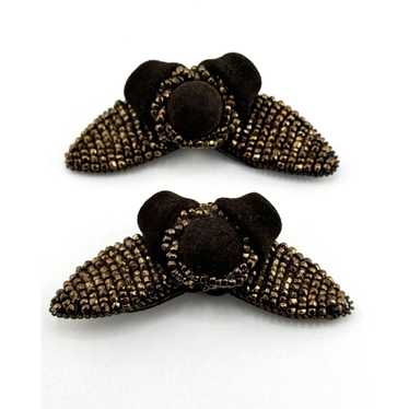 Vintage Vintage brown beaded floral shoe clips - image 1